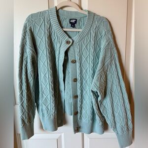 Lands’ End Drifter Cable Knit Cardigan 1X 16W Mint Seafoam Cotton Button Front